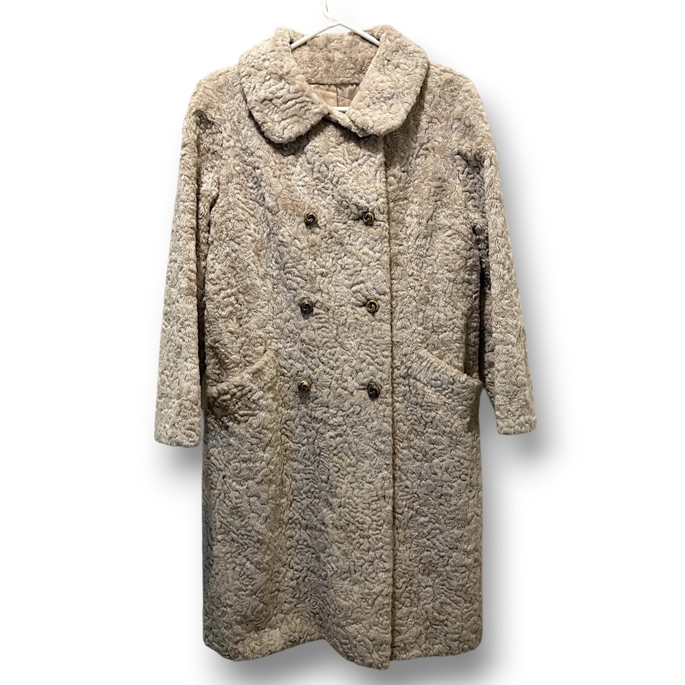 Vintage 1960s Brown Faux Curly Lamb Fur Coat Beige Double Breasted Old Money